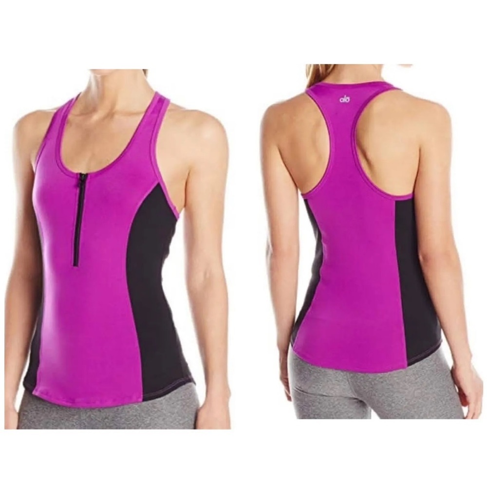 Alo Yoga Playa Front Zip Racerback Tank Top Purple Black cycling Size Large Yoga